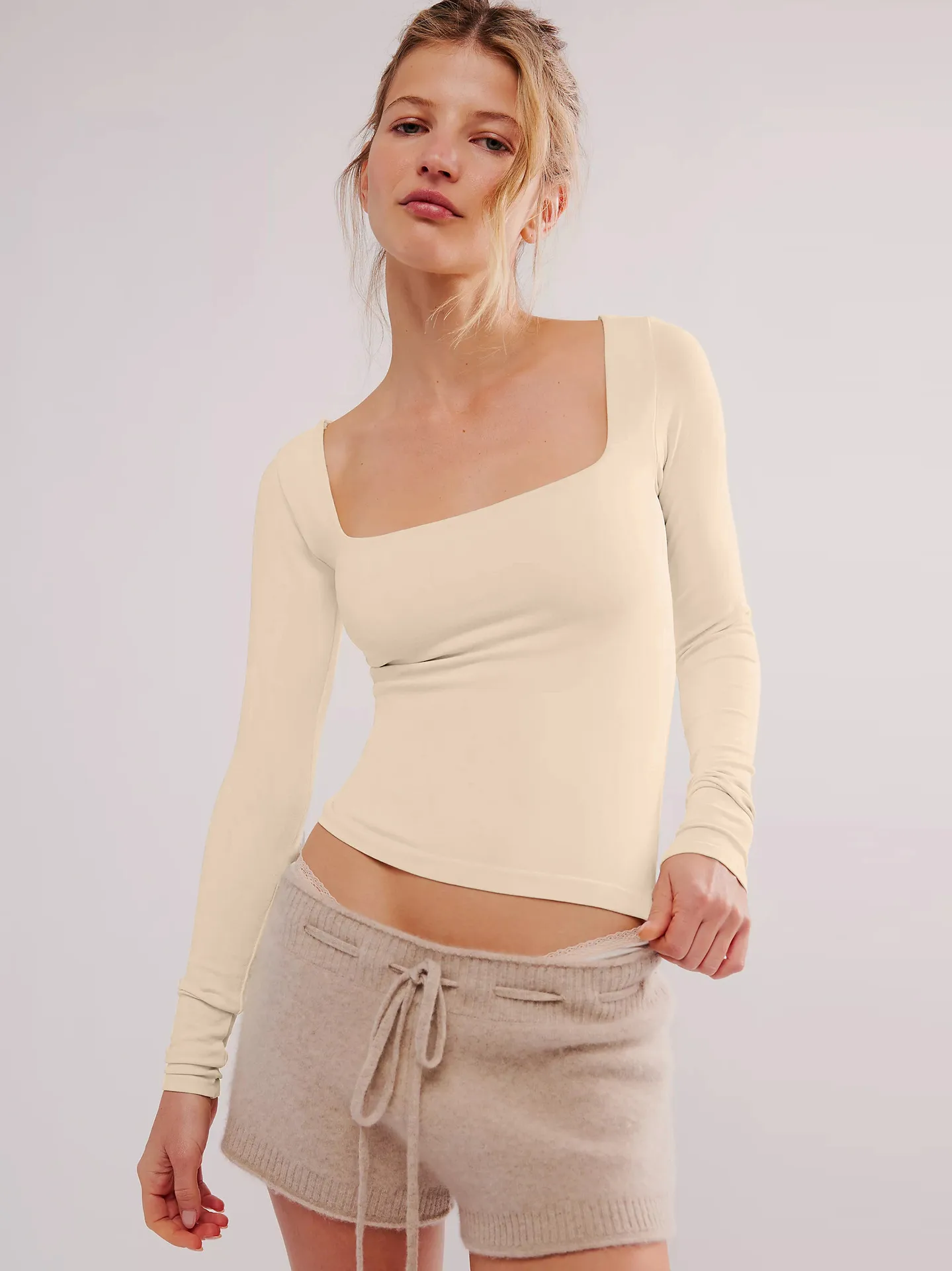 New  Hot T-shirt Solid Color Square Collar Slim-fit Fashion Shoulder Crop Top Elegant High-end All-match Clothes display picture 2