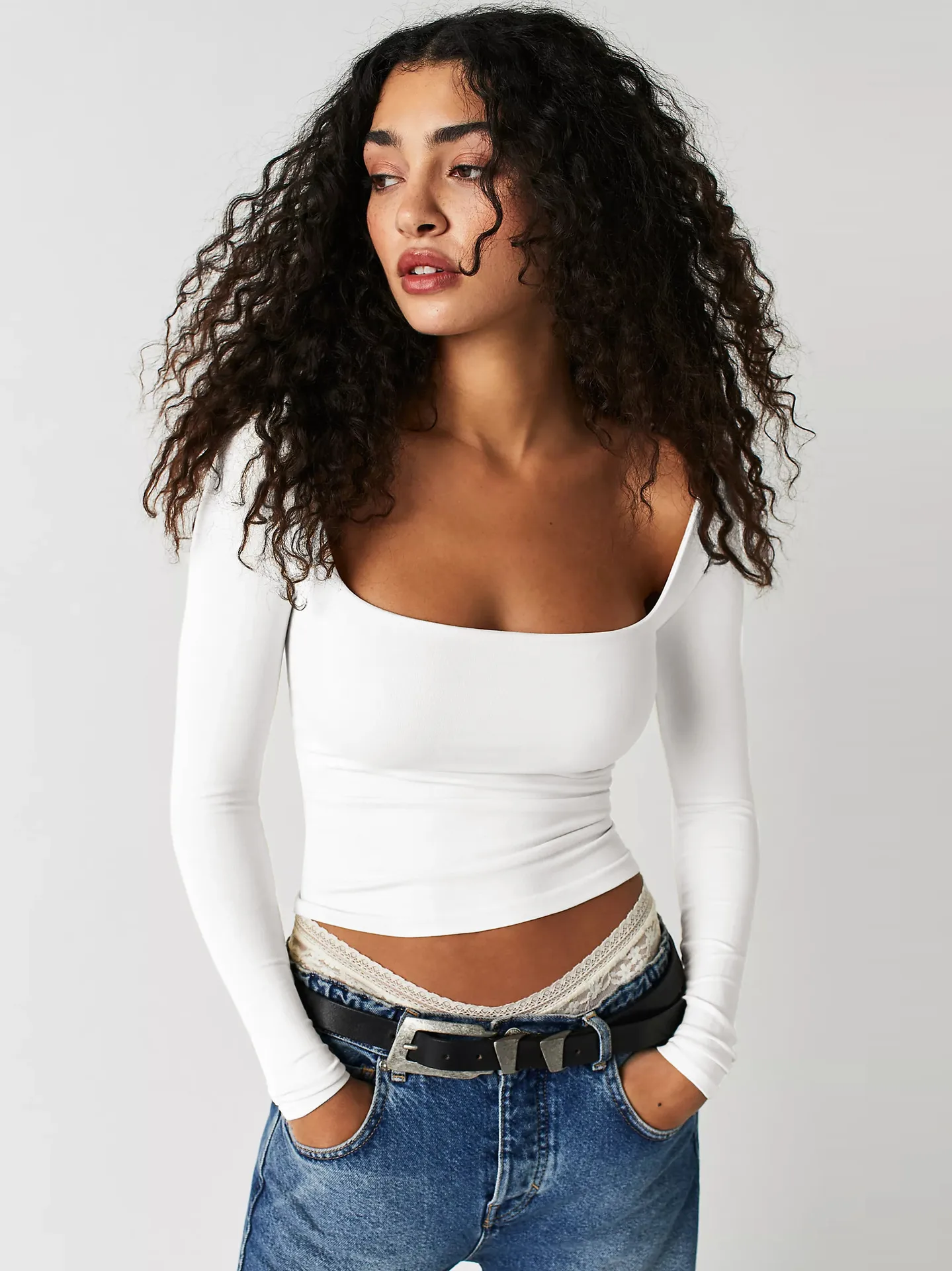 New  Hot T-shirt Solid Color Square Collar Slim-fit Fashion Shoulder Crop Top Elegant High-end All-match Clothes display picture 24