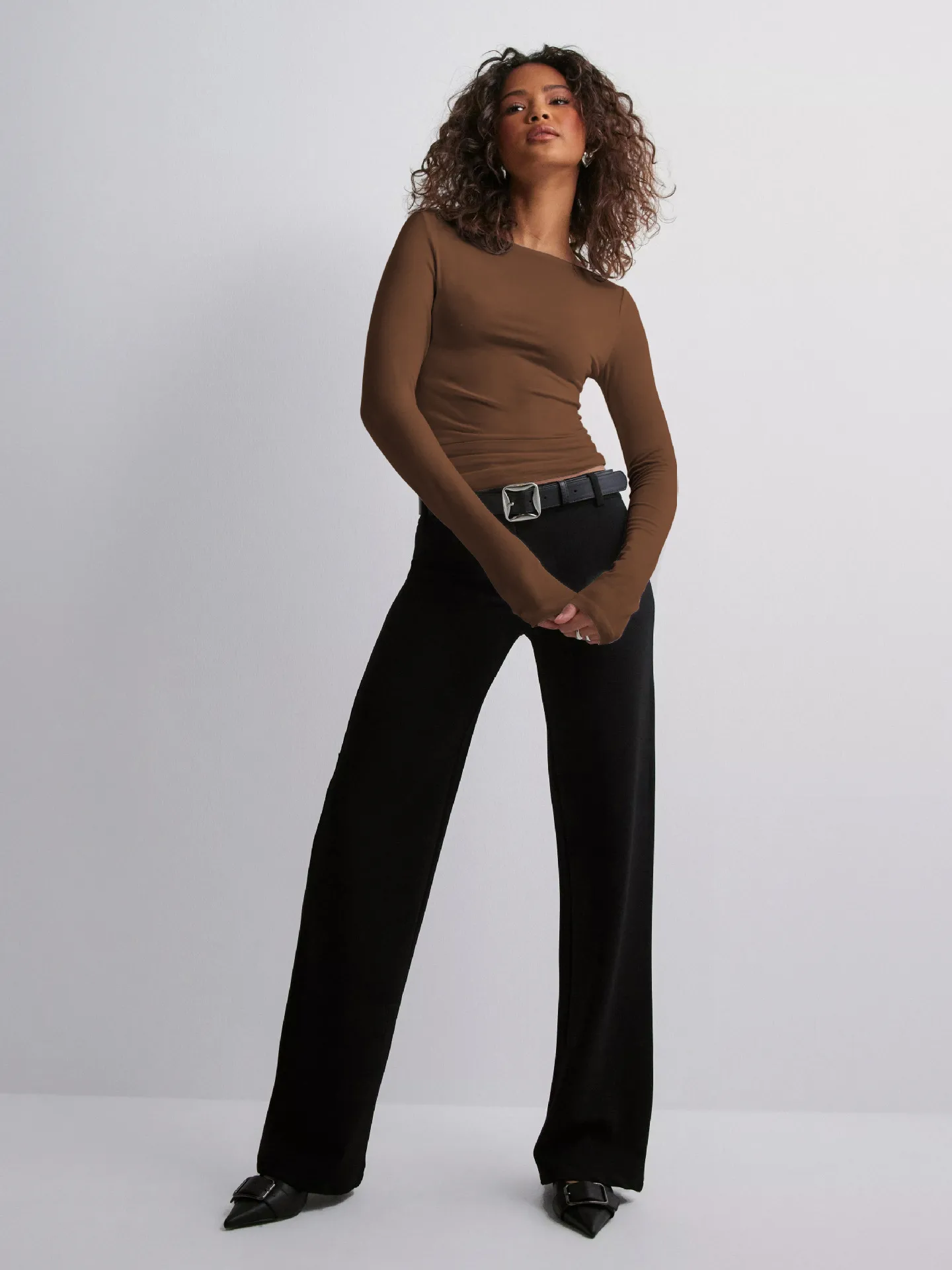 Personality Street One-character Collar Long-sleeved Naked Single-grind Slim-fit T-shirt Casual Style Slim-fit Y2K Hot Girl Top display picture 2