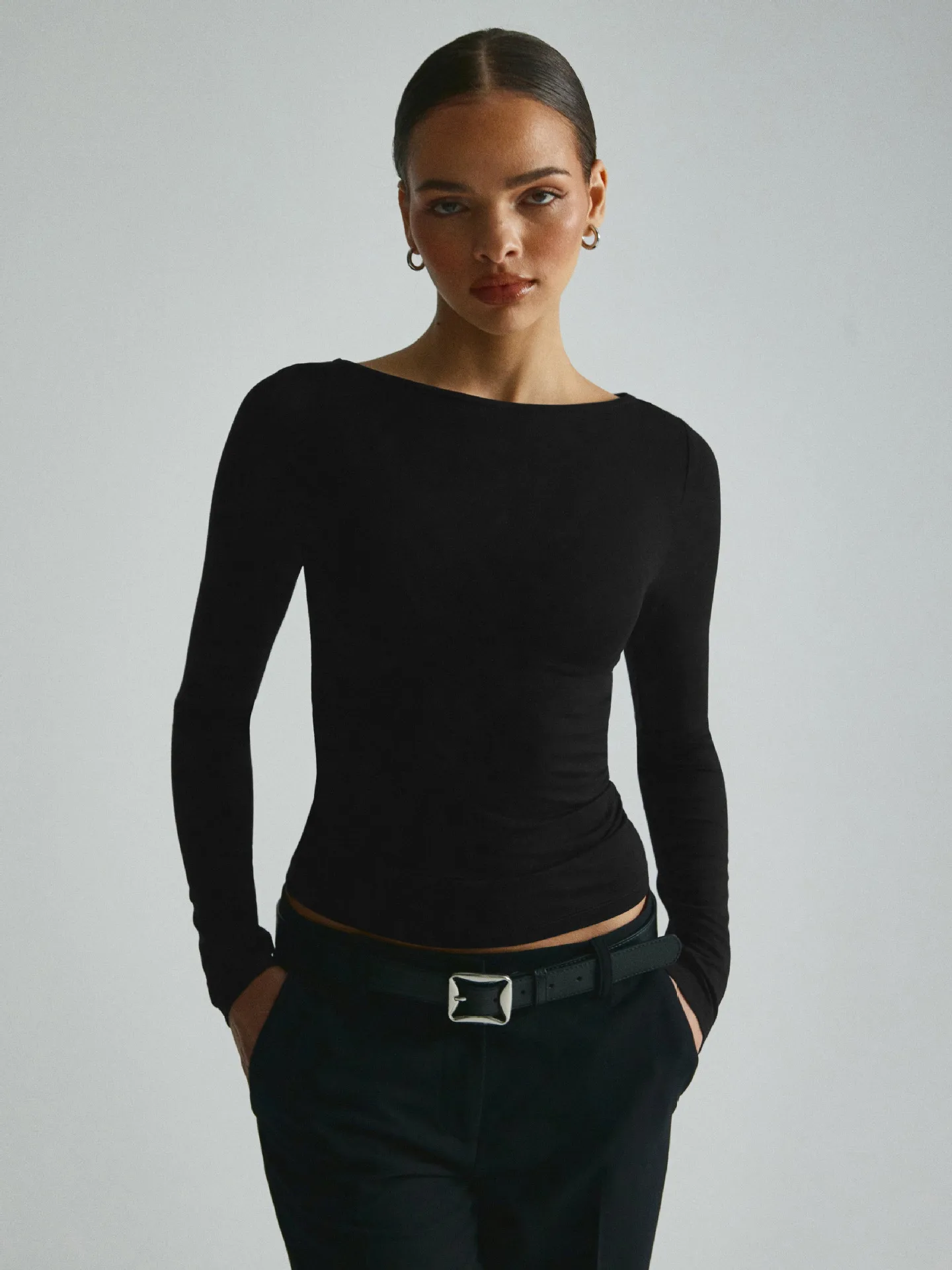 Personality Street One-character Collar Long-sleeved Naked Single-grind Slim-fit T-shirt Casual Style Slim-fit Y2K Hot Girl Top display picture 16