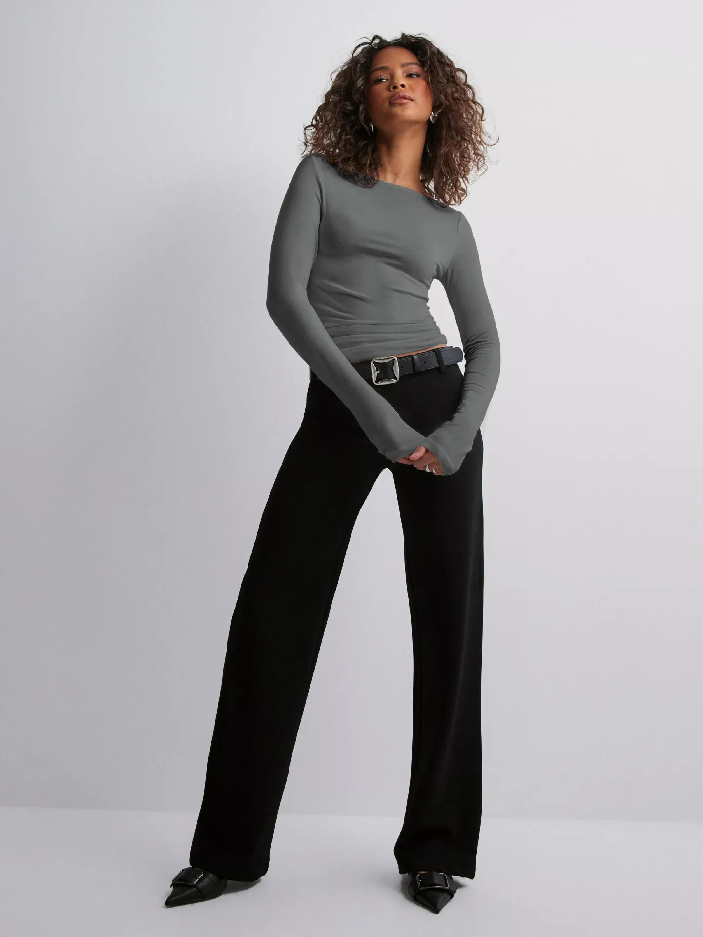 Personality Street One-character Collar Long-sleeved Naked Single-grind Slim-fit T-shirt Casual Style Slim-fit Y2K Hot Girl Top display picture 24