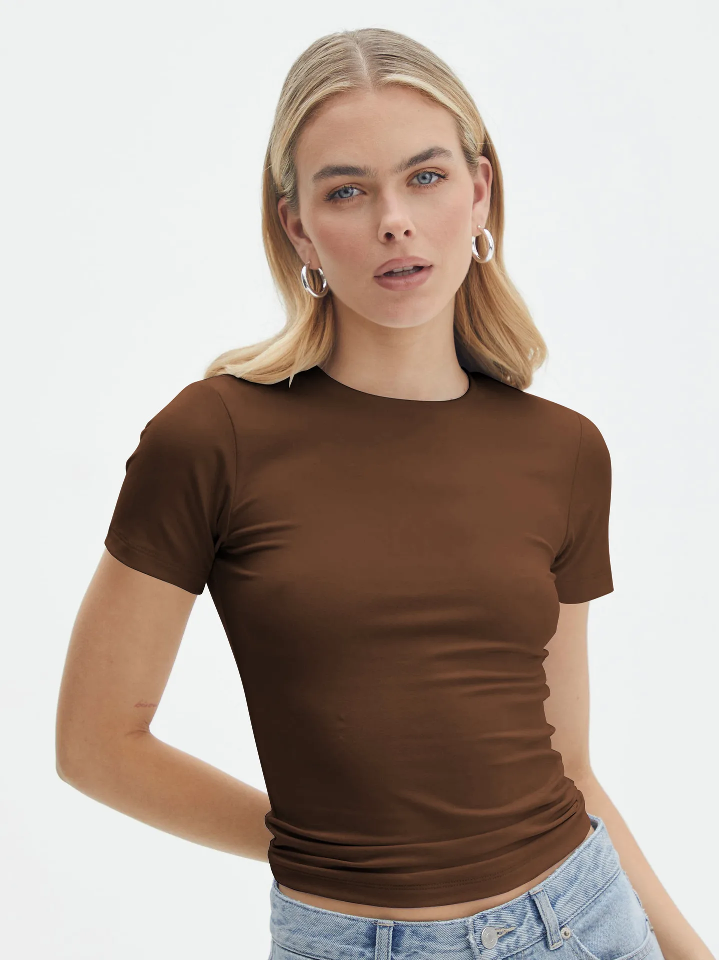 Y2g New Texture  Women's Plain Short-sleeved T-shirt Round Neck Slim Fit Hot Girl Pure Desire Top display picture 17