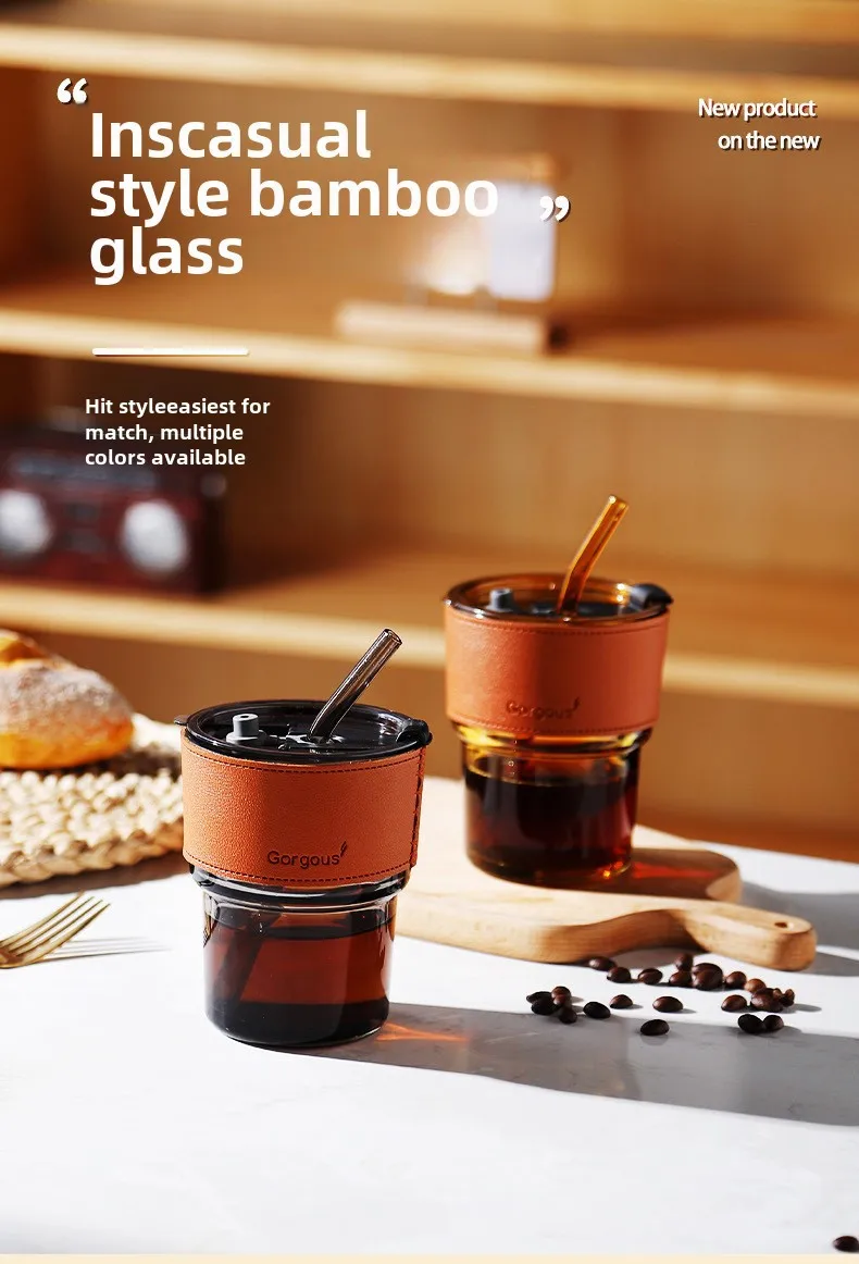 Internet Celebrity Glass Bamboo Cup Suction Tube Cup Fruit Juice Beverage Coffee Cup Promotional Gift Cup Glass Water Cup Logo Printing display picture 1