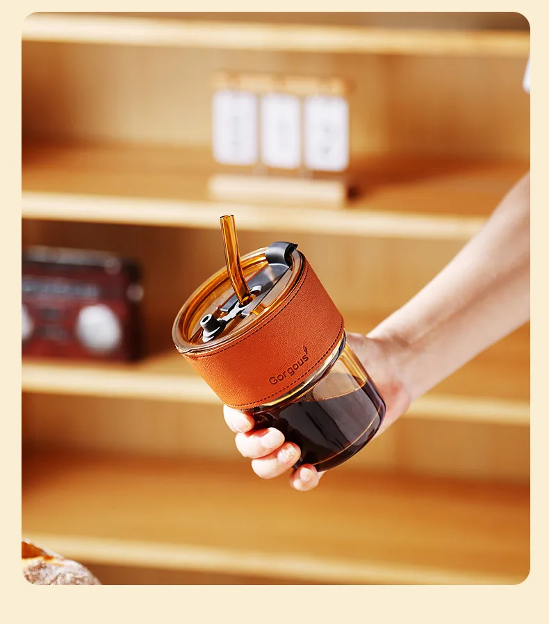 Internet Celebrity Glass Bamboo Cup Suction Tube Cup Fruit Juice Beverage Coffee Cup Promotional Gift Cup Glass Water Cup Logo Printing display picture 3