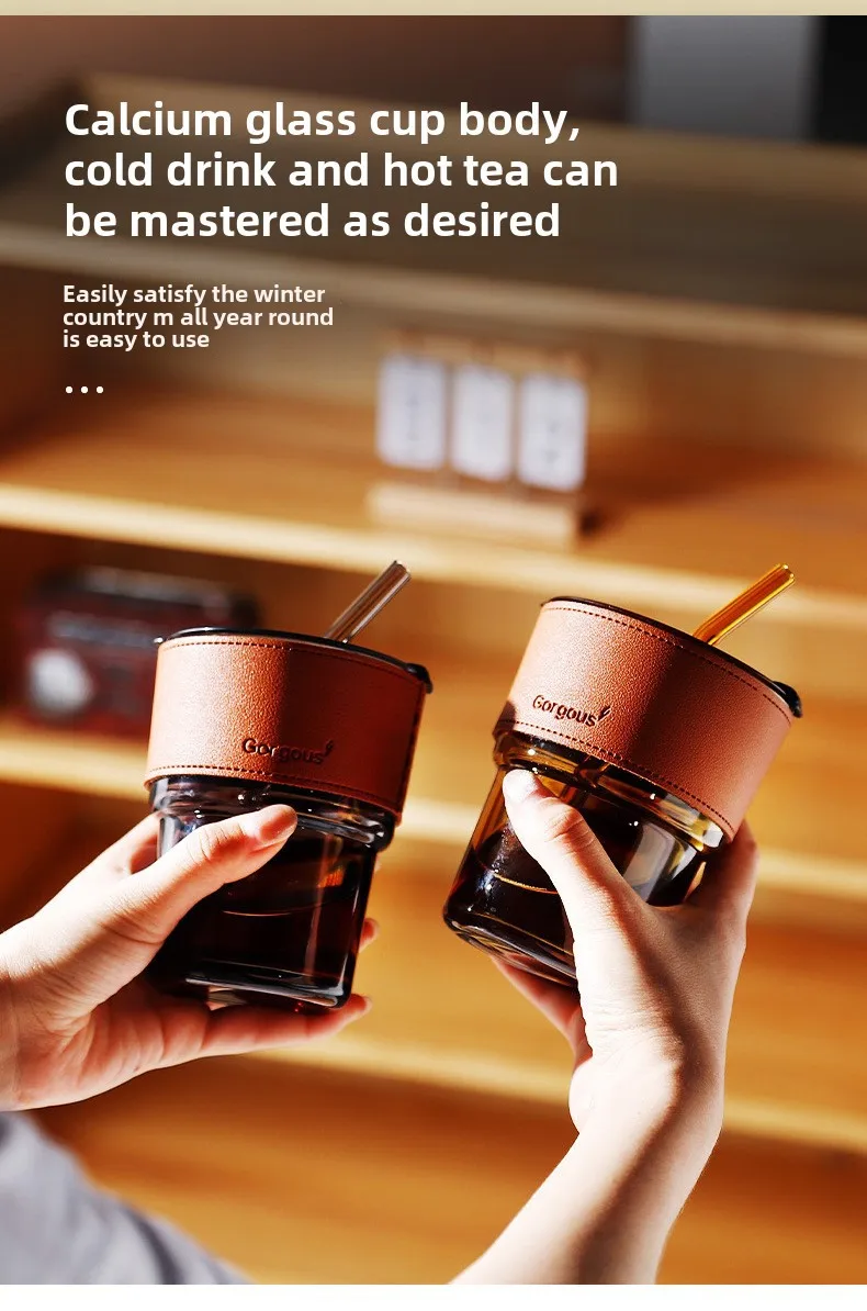 Internet Celebrity Glass Bamboo Cup Suction Tube Cup Fruit Juice Beverage Coffee Cup Promotional Gift Cup Glass Water Cup Logo Printing display picture 7