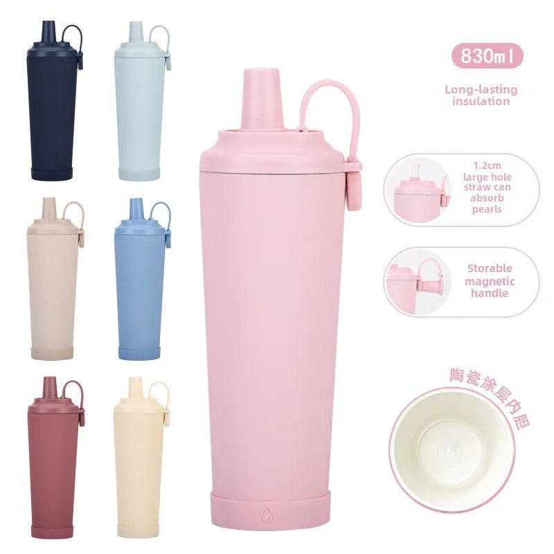 The New 830ml Ceramic Coating Liner Stainless Steel Suction Tube Cup Can Absorb Pearl Portable Magnetic Handle Thermos Cup display picture 1