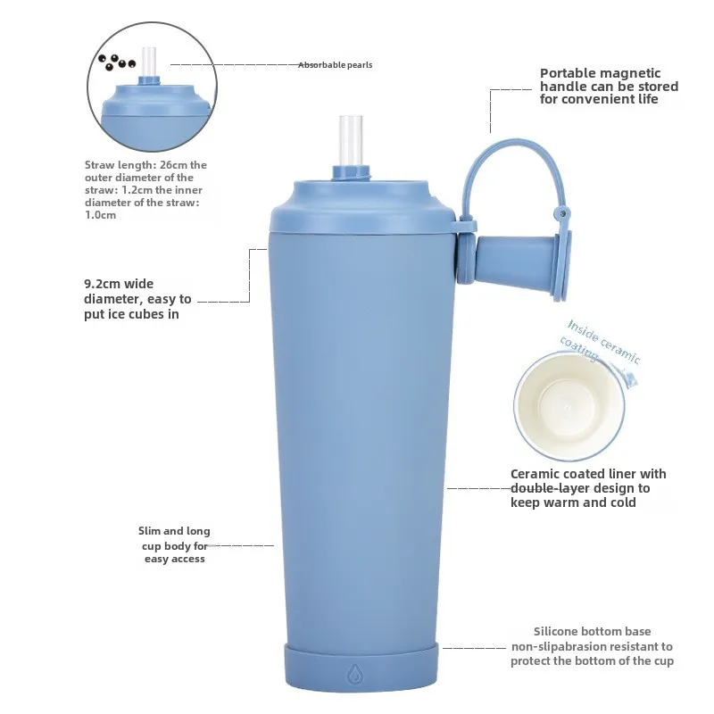 The New 830ml Ceramic Coating Liner Stainless Steel Suction Tube Cup Can Absorb Pearl Portable Magnetic Handle Thermos Cup display picture 2