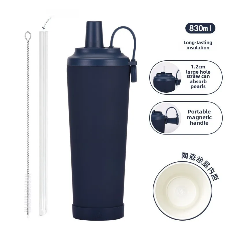 The New 830ml Ceramic Coating Liner Stainless Steel Suction Tube Cup Can Absorb Pearl Portable Magnetic Handle Thermos Cup display picture 6