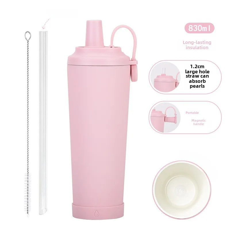 The New 830ml Ceramic Coating Liner Stainless Steel Suction Tube Cup Can Absorb Pearl Portable Magnetic Handle Thermos Cup display picture 7