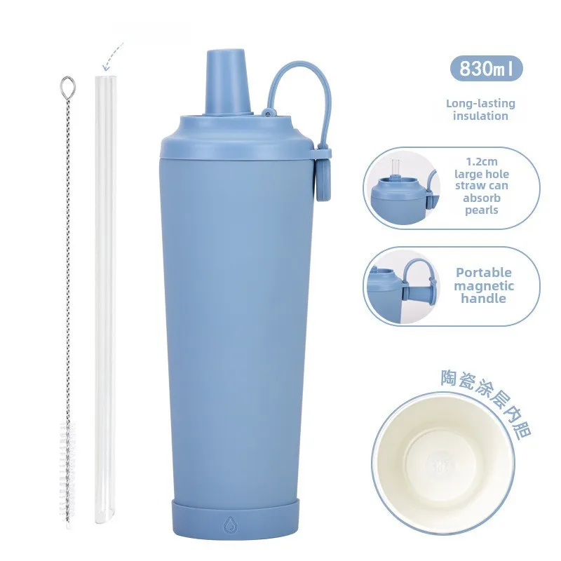 The New 830ml Ceramic Coating Liner Stainless Steel Suction Tube Cup Can Absorb Pearl Portable Magnetic Handle Thermos Cup display picture 9