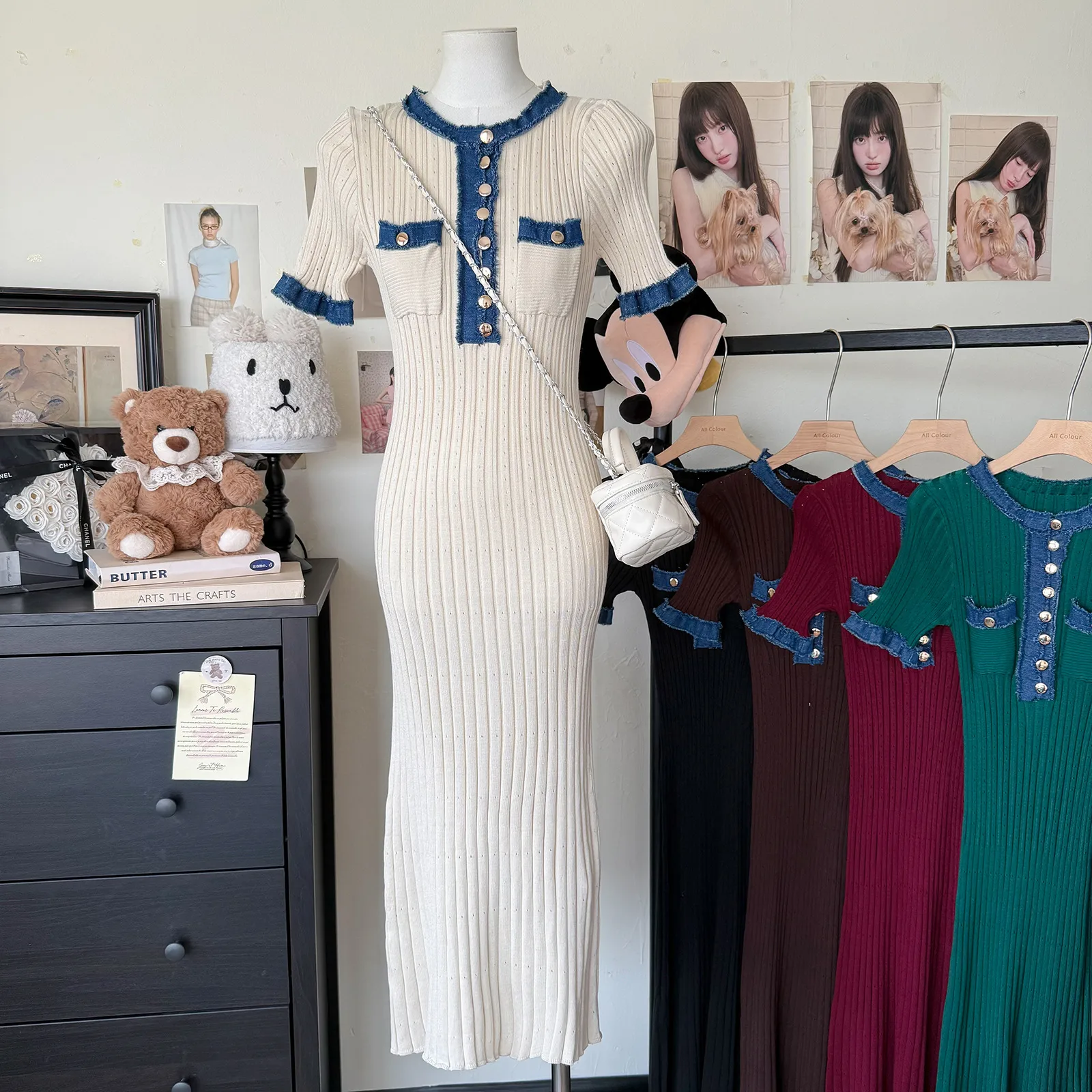 New Retro Pure Desire POLO Collar Elastic Slim-fit Slimming Contrast Color Knitted Hip Dress display picture 2