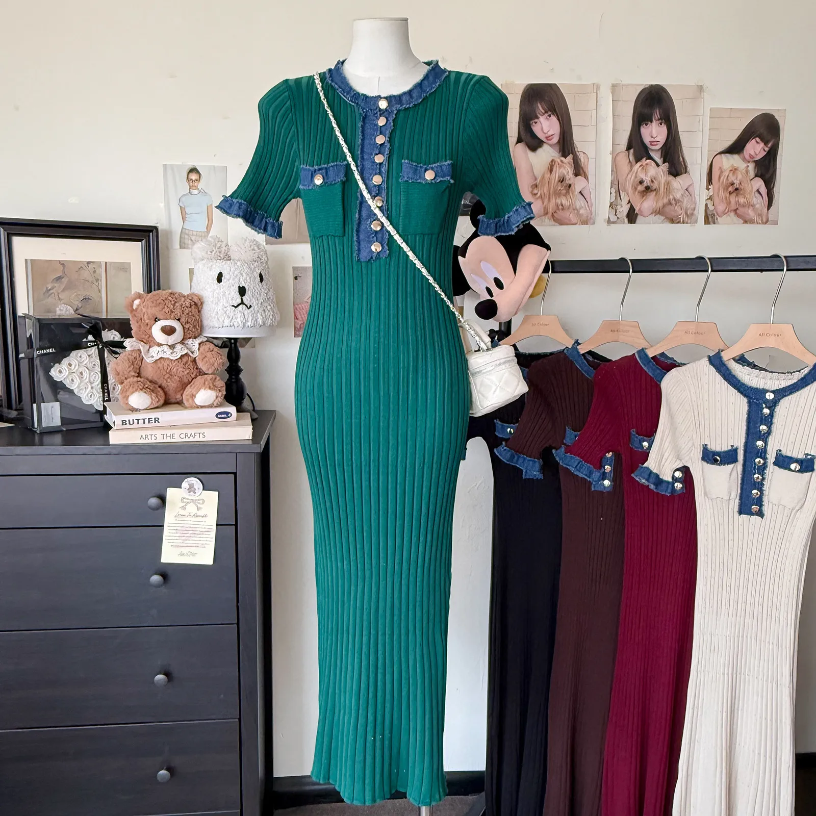 New Retro Pure Desire POLO Collar Elastic Slim-fit Slimming Contrast Color Knitted Hip Dress display picture 6