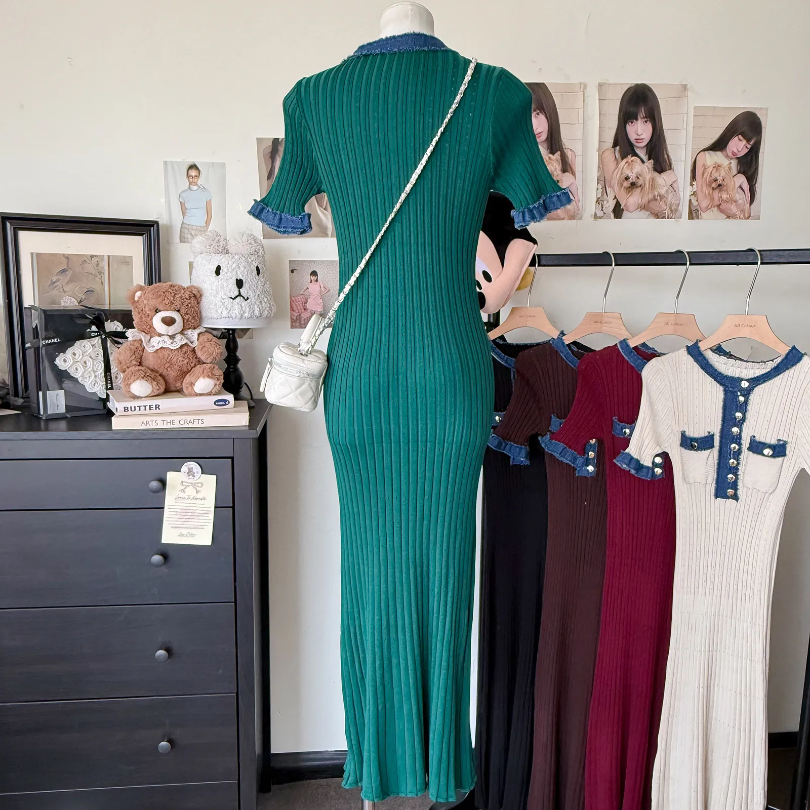 New Retro Pure Desire POLO Collar Elastic Slim-fit Slimming Contrast Color Knitted Hip Dress display picture 7