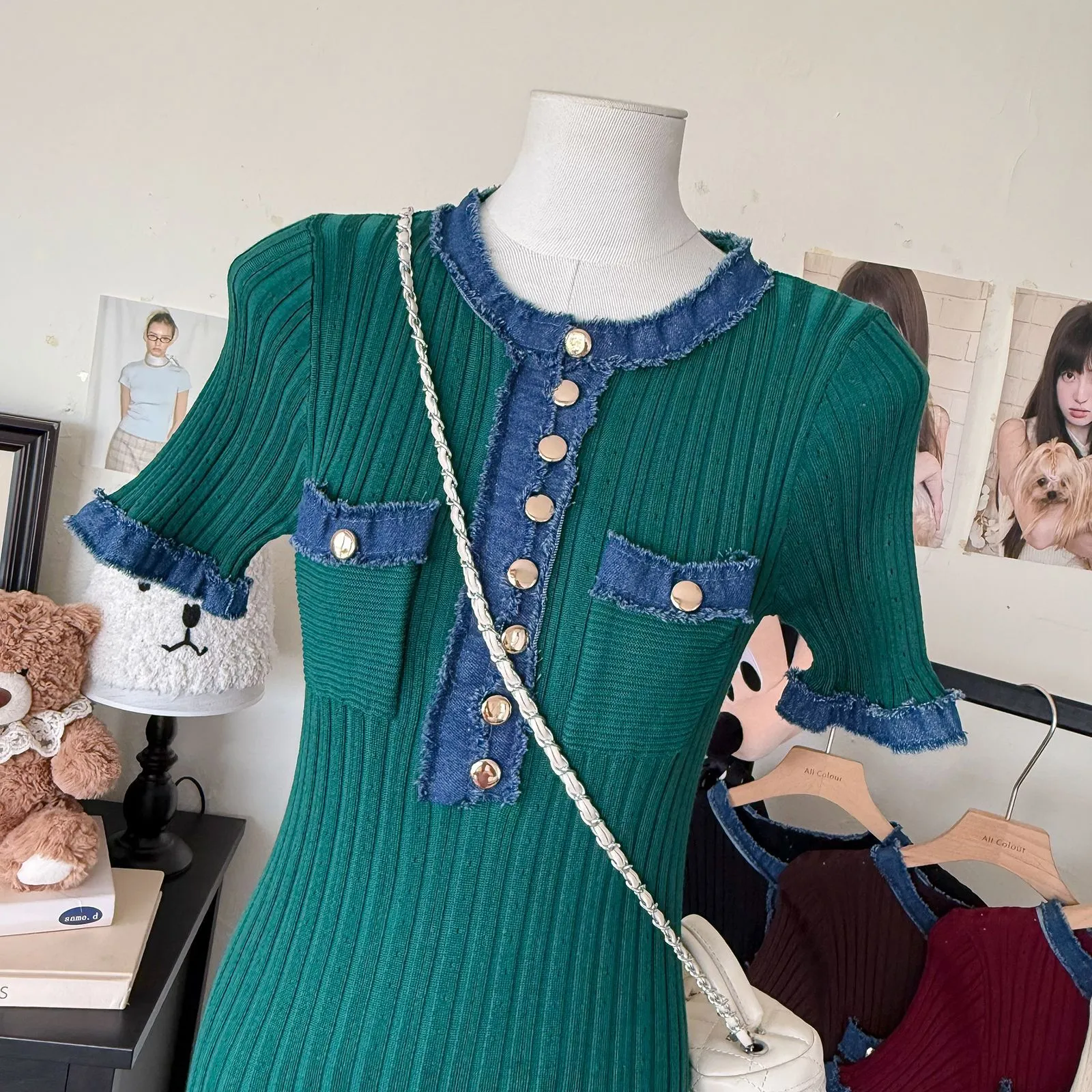 New Retro Pure Desire POLO Collar Elastic Slim-fit Slimming Contrast Color Knitted Hip Dress display picture 9