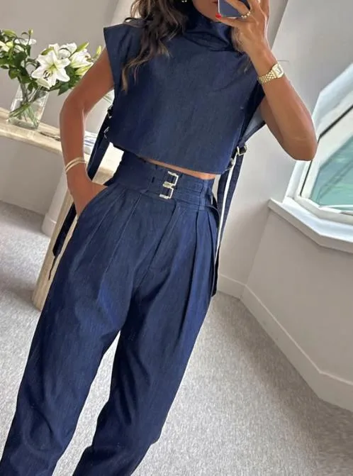 Foreign Trade New  Spring And Summer   Leisure Belt Decorative High Collar Short Sleeve Suit Trousers display picture 1