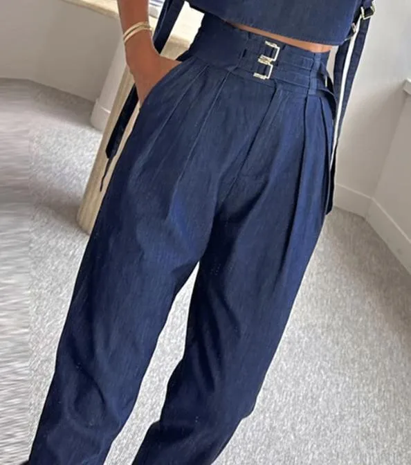 Foreign Trade New  Spring And Summer   Leisure Belt Decorative High Collar Short Sleeve Suit Trousers display picture 3