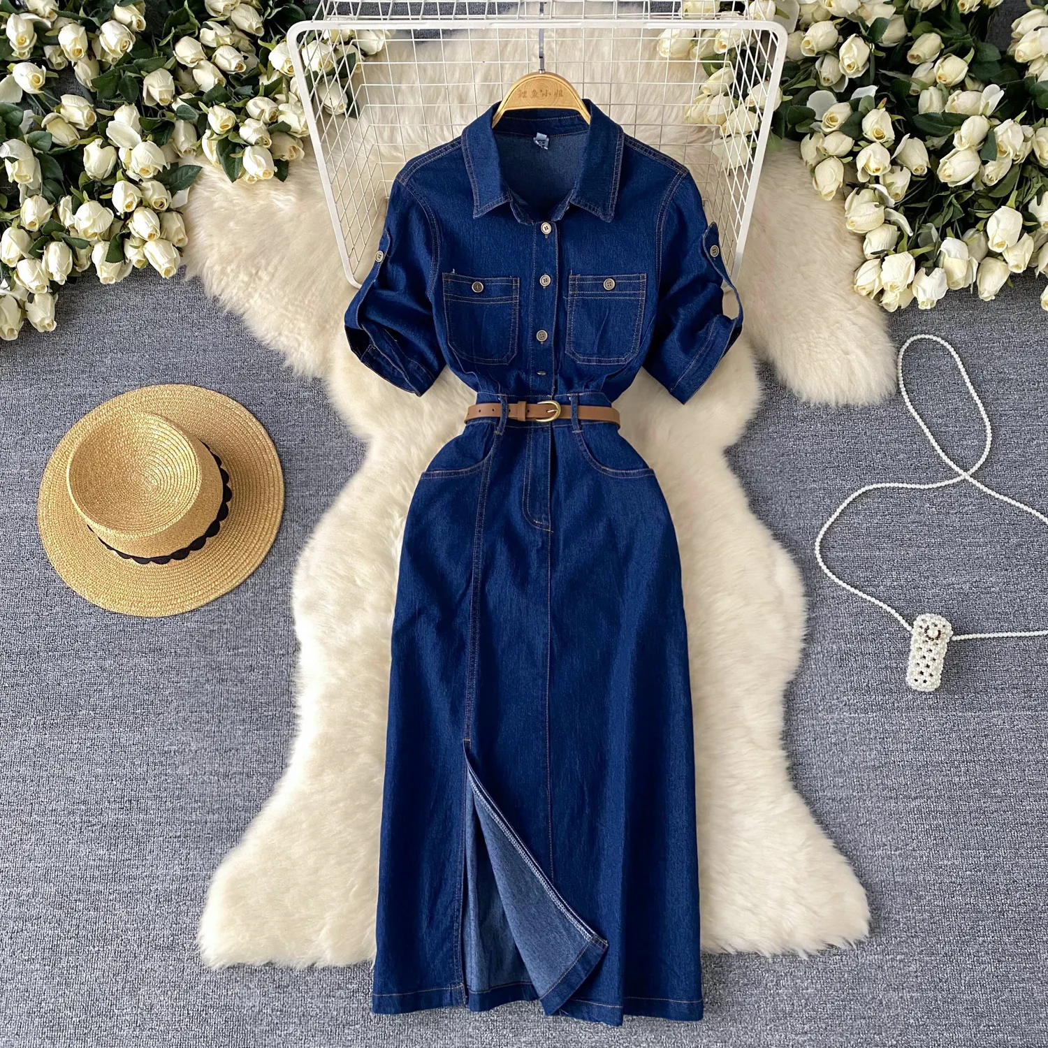 Light Luxury Socialite Style Polo Collar Denim Dress Women's Summer Split Belt Design Niche Elegant Long Dress display picture 2