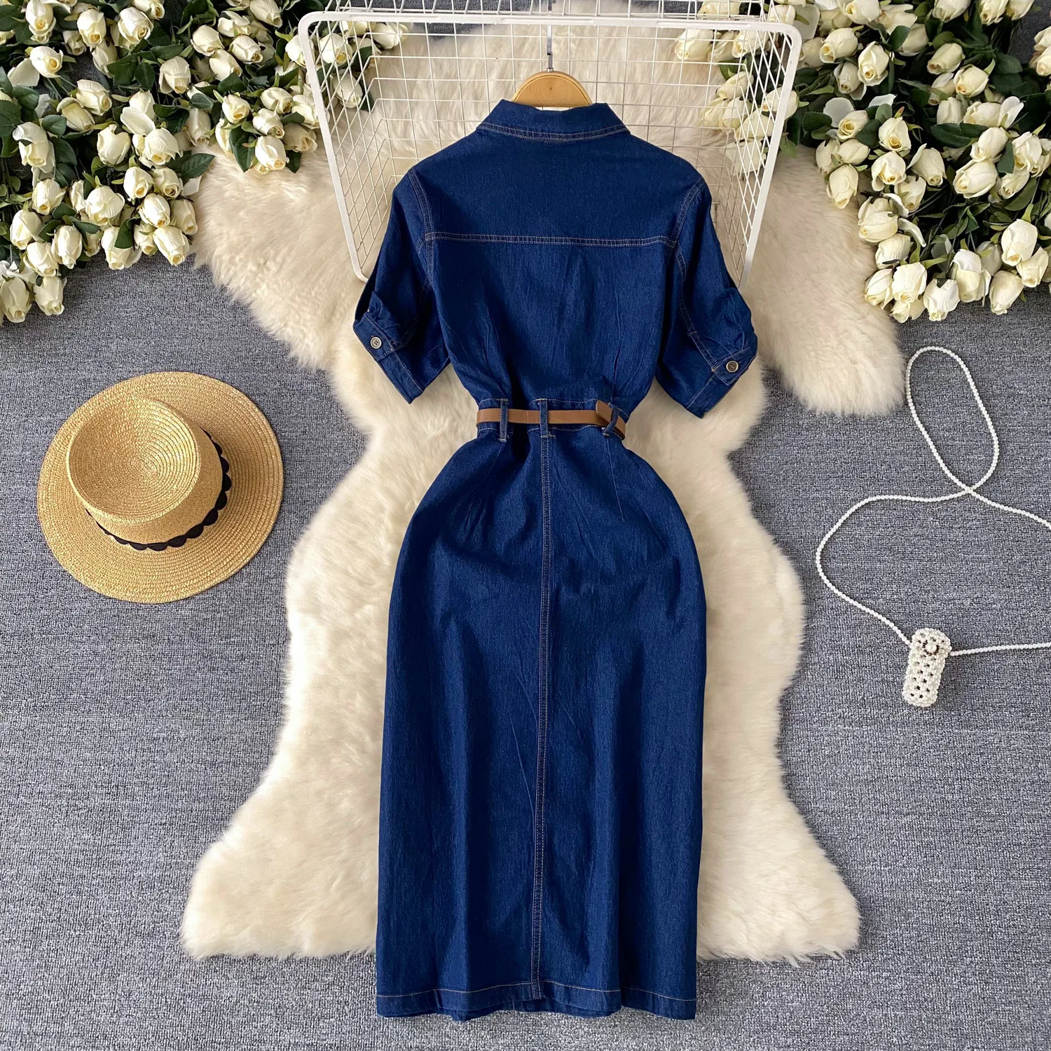 Light Luxury Socialite Style Polo Collar Denim Dress Women's Summer Split Belt Design Niche Elegant Long Dress display picture 5