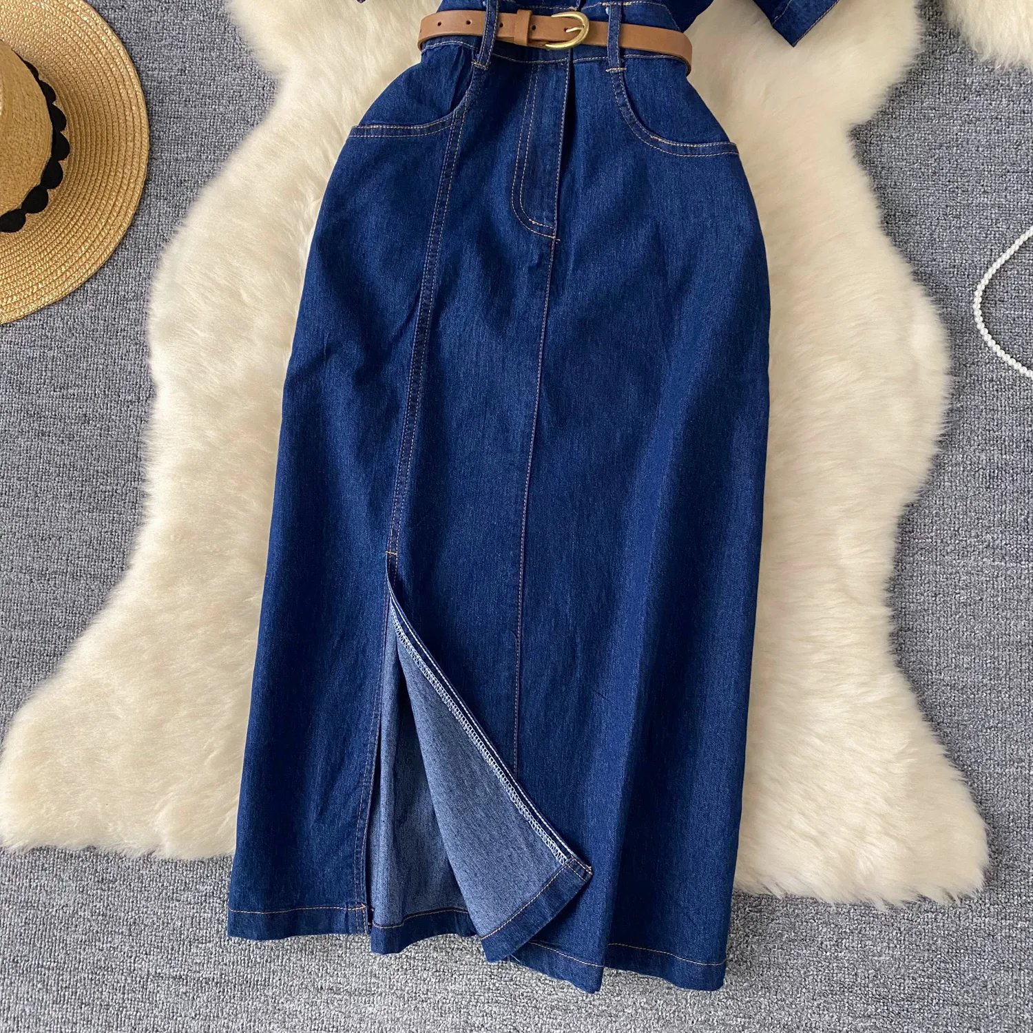 Light Luxury Socialite Style Polo Collar Denim Dress Women's Summer Split Belt Design Niche Elegant Long Dress display picture 4