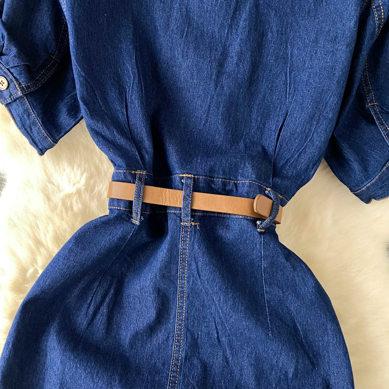 Light Luxury Socialite Style Polo Collar Denim Dress Women's Summer Split Belt Design Niche Elegant Long Dress display picture 6