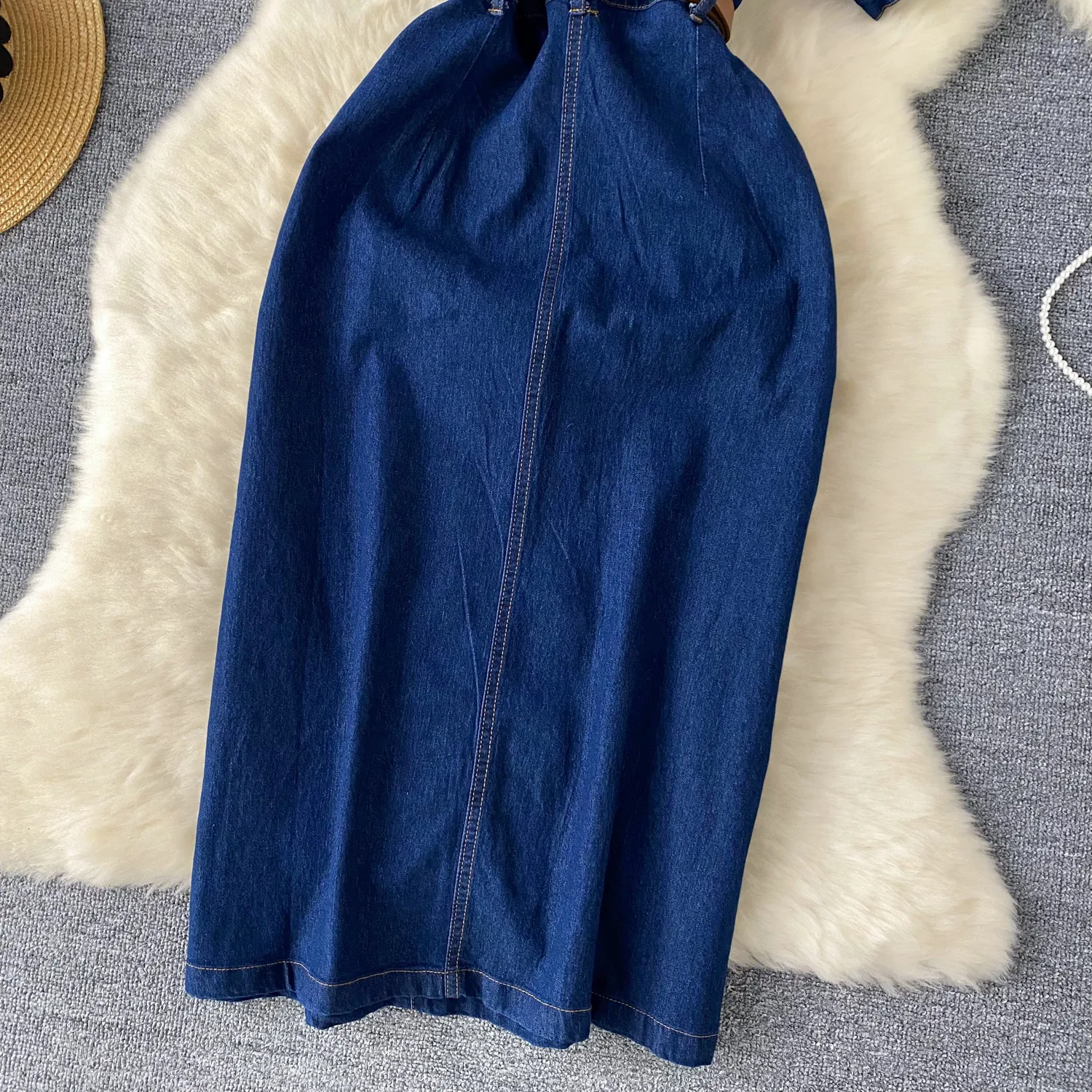 Light Luxury Socialite Style Polo Collar Denim Dress Women's Summer Split Belt Design Niche Elegant Long Dress display picture 7