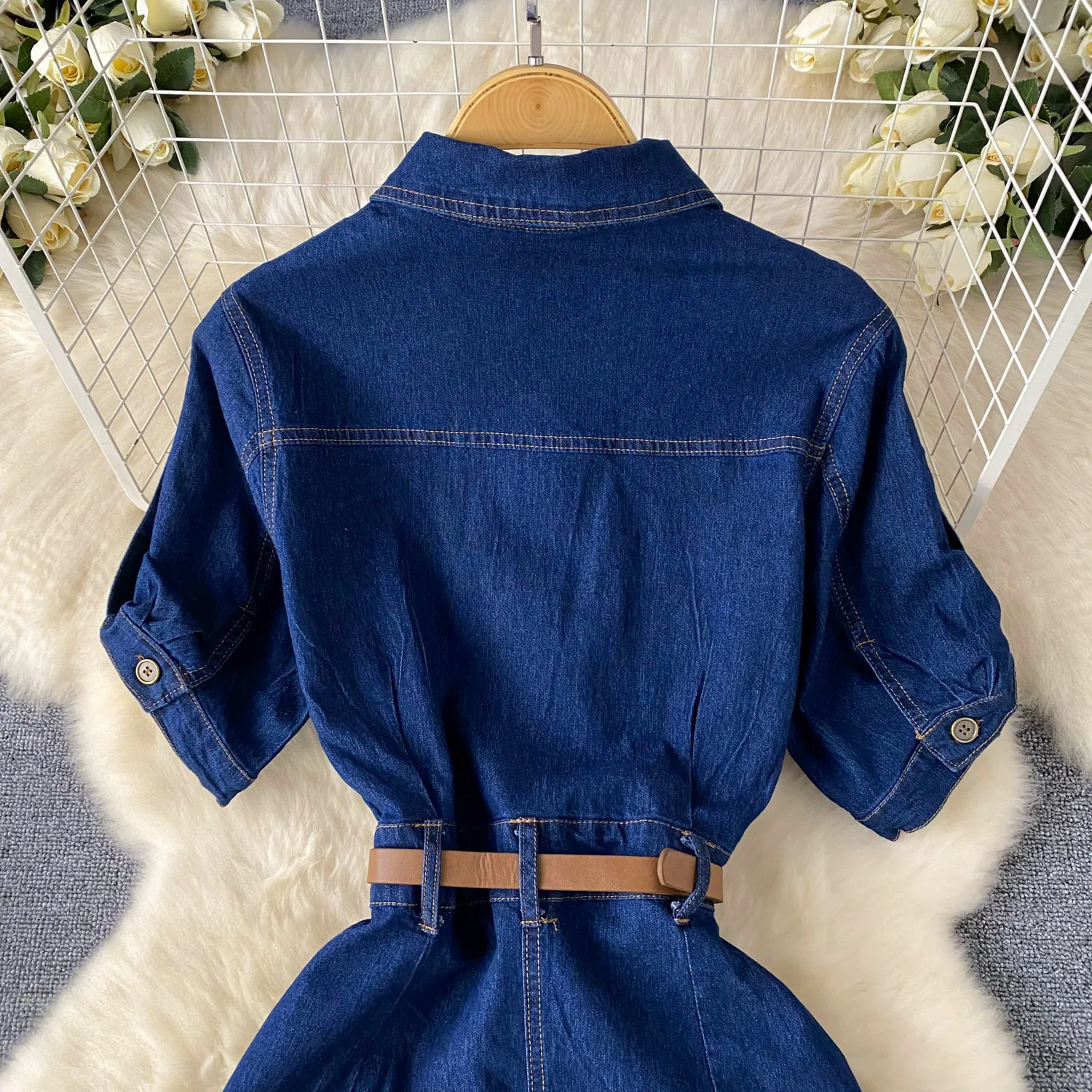 Light Luxury Socialite Style Polo Collar Denim Dress Women's Summer Split Belt Design Niche Elegant Long Dress display picture 9