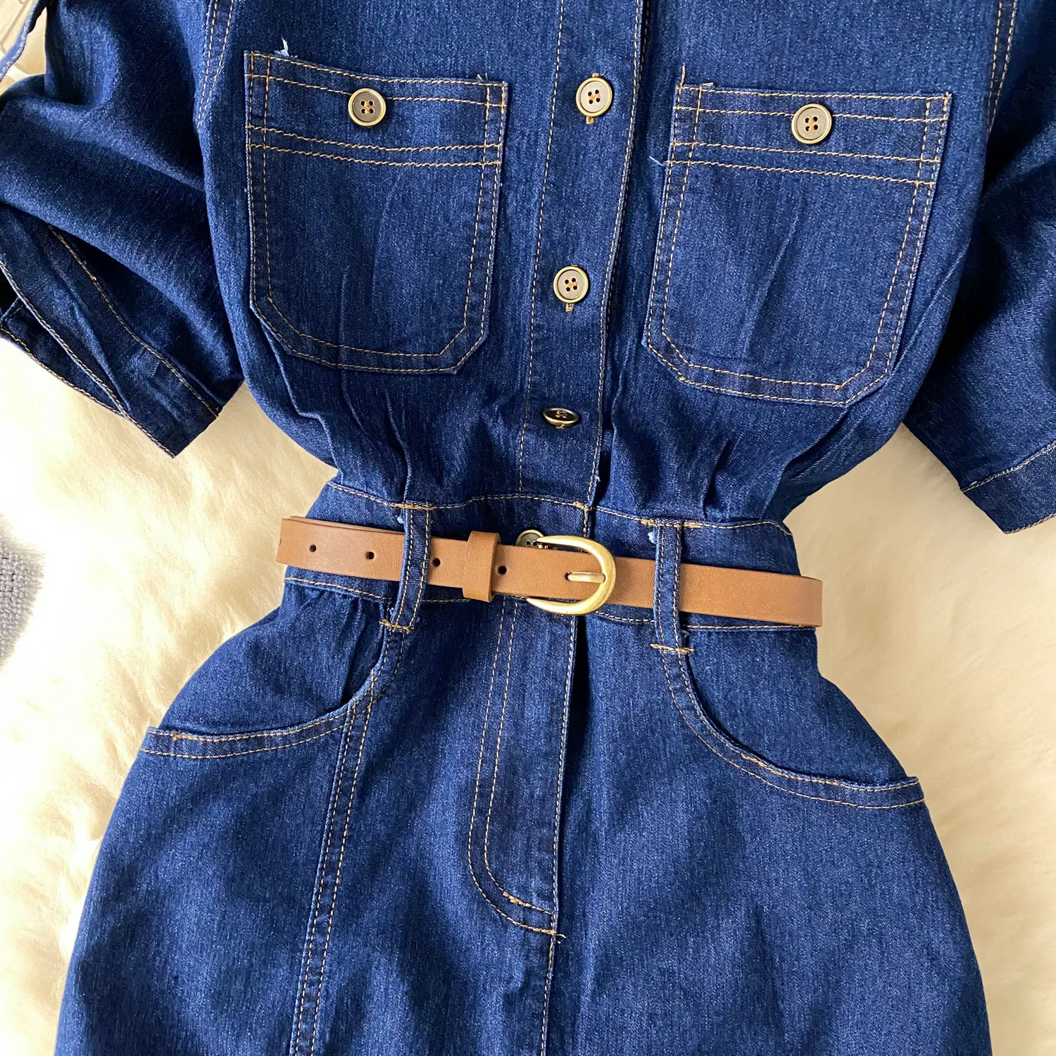 Light Luxury Socialite Style Polo Collar Denim Dress Women's Summer Split Belt Design Niche Elegant Long Dress display picture 12