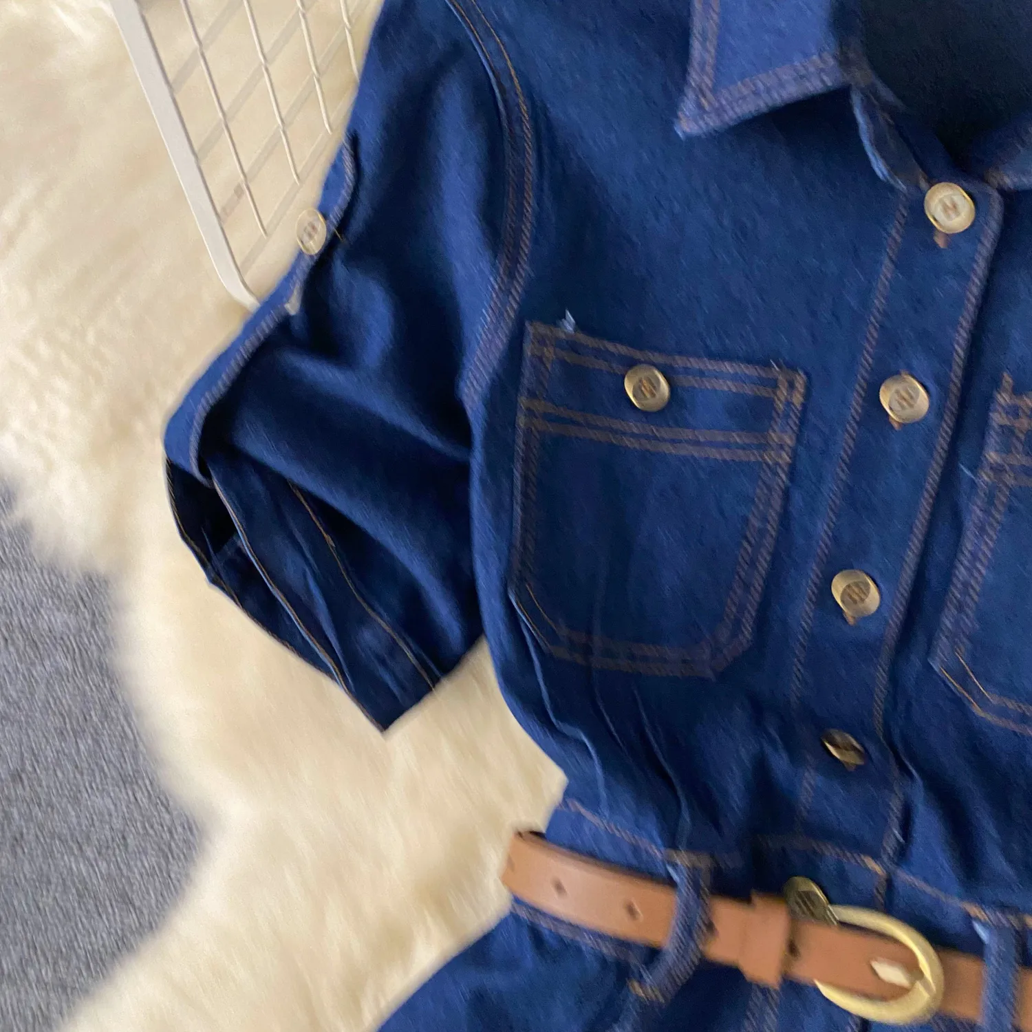 Light Luxury Socialite Style Polo Collar Denim Dress Women's Summer Split Belt Design Niche Elegant Long Dress display picture 14