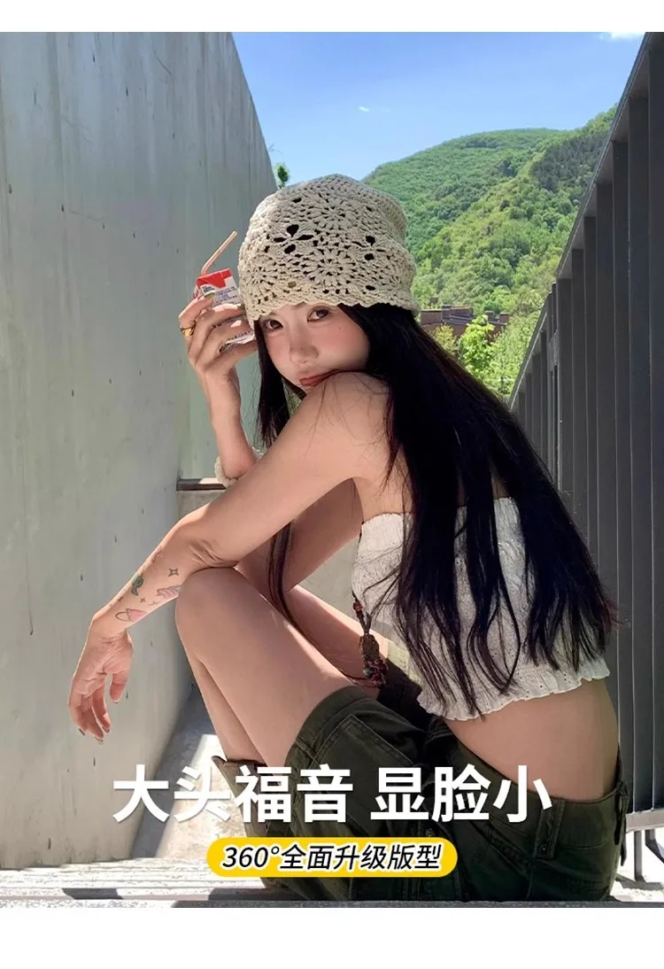 Vintage Vacation Knitted Pearl Hollow Hollow Bag Hat Summer Thin Face Showing Small All-Match Sweet Pullover Heap Tassel Hat display picture 7