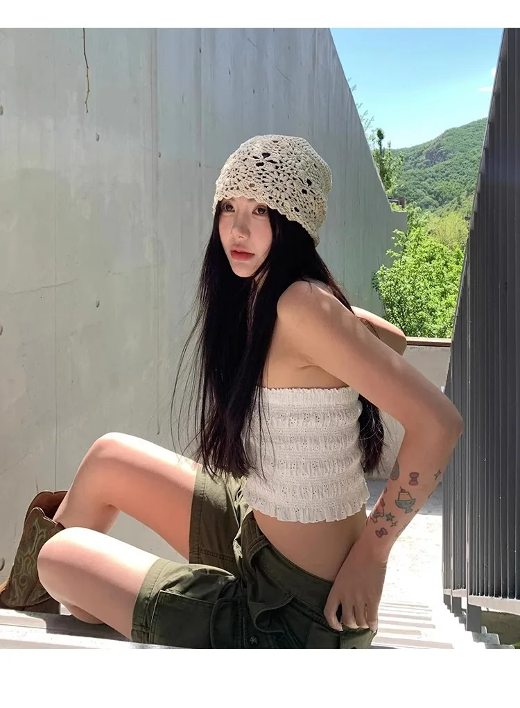 Vintage Vacation Knitted Pearl Hollow Hollow Bag Hat Summer Thin Face Showing Small All-Match Sweet Pullover Heap Tassel Hat display picture 11