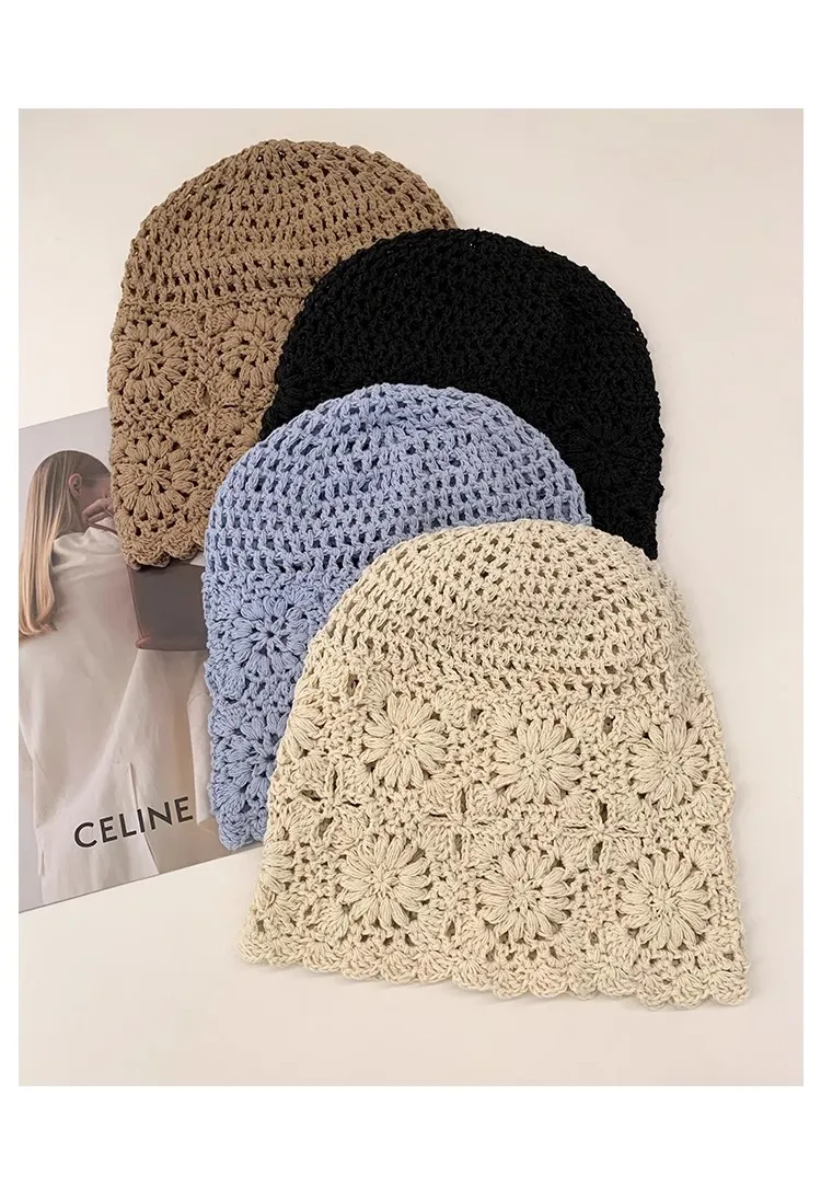 Vintage Vacation Knitted Pearl Hollow Hollow Bag Hat Summer Thin Face Showing Small All-Match Sweet Pullover Heap Tassel Hat display picture 13