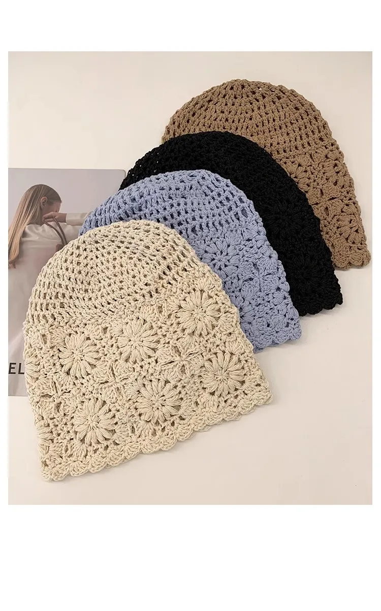 Vintage Vacation Knitted Pearl Hollow Hollow Bag Hat Summer Thin Face Showing Small All-Match Sweet Pullover Heap Tassel Hat display picture 15