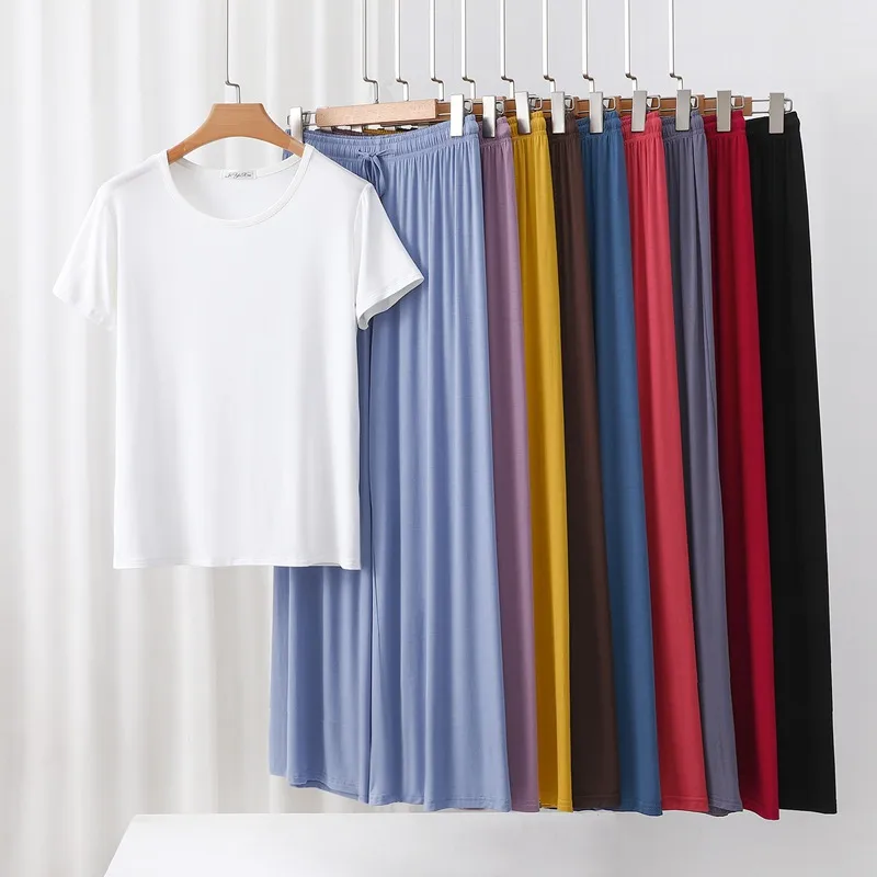 Outer Wearing Round Neck Short-Sleeved T-Shirt Wide Leg Pants Modal Suit Two-Piece Women's Wear Draped Loose Plus Size Home display picture 1