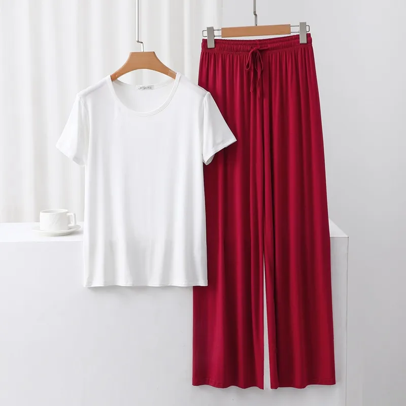 Outer Wearing Round Neck Short-Sleeved T-Shirt Wide Leg Pants Modal Suit Two-Piece Women's Wear Draped Loose Plus Size Home display picture 2