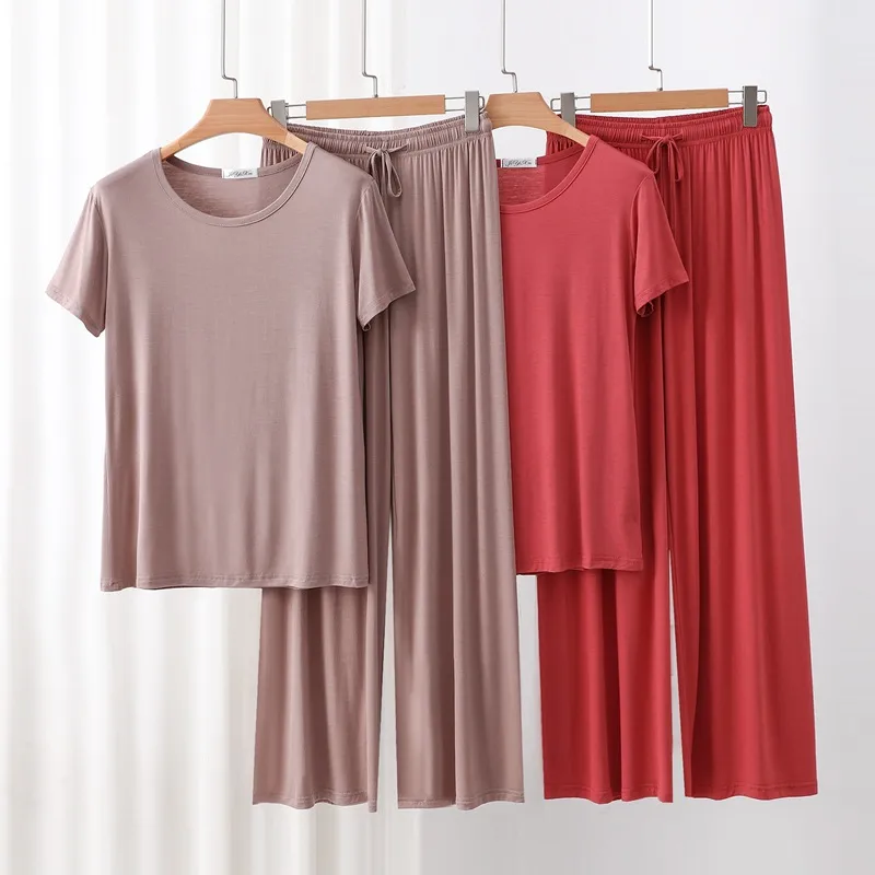 Outer Wearing Round Neck Short-Sleeved T-Shirt Wide Leg Pants Modal Suit Two-Piece Women's Wear Draped Loose Plus Size Home display picture 4