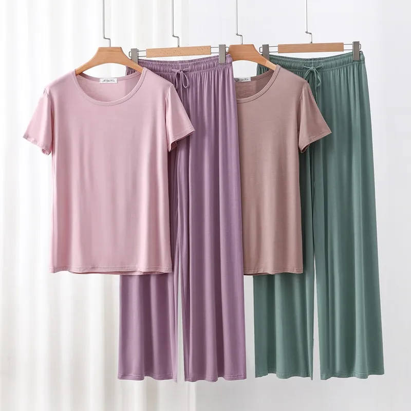 Outer Wearing Round Neck Short-Sleeved T-Shirt Wide Leg Pants Modal Suit Two-Piece Women's Wear Draped Loose Plus Size Home display picture 3