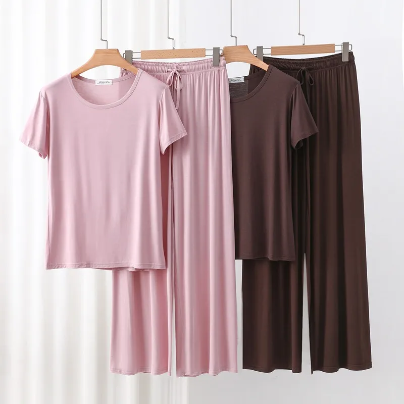 Outer Wearing Round Neck Short-Sleeved T-Shirt Wide Leg Pants Modal Suit Two-Piece Women's Wear Draped Loose Plus Size Home display picture 5