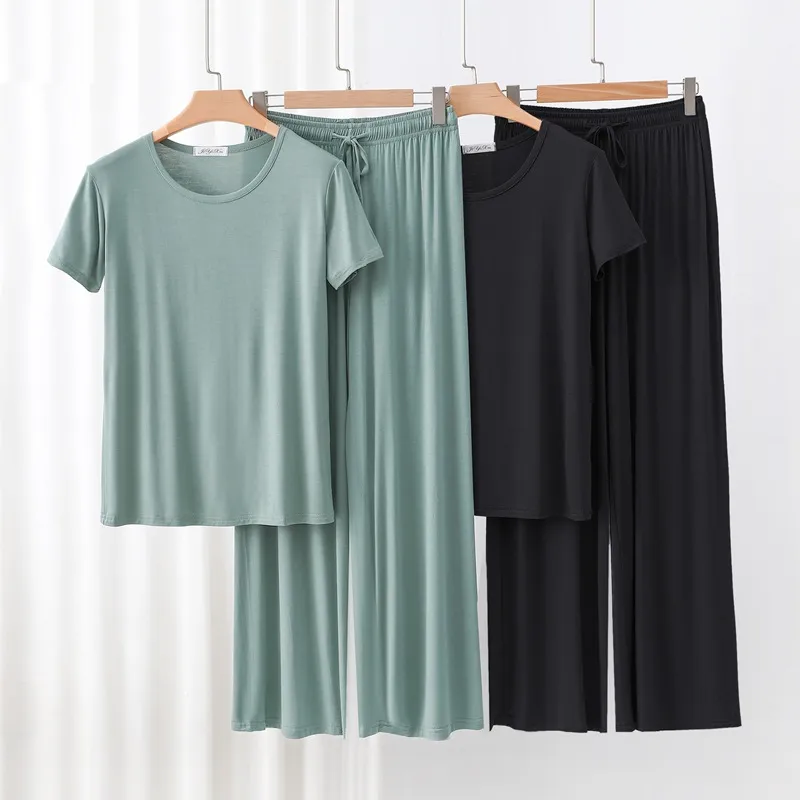 Outer Wearing Round Neck Short-Sleeved T-Shirt Wide Leg Pants Modal Suit Two-Piece Women's Wear Draped Loose Plus Size Home display picture 6