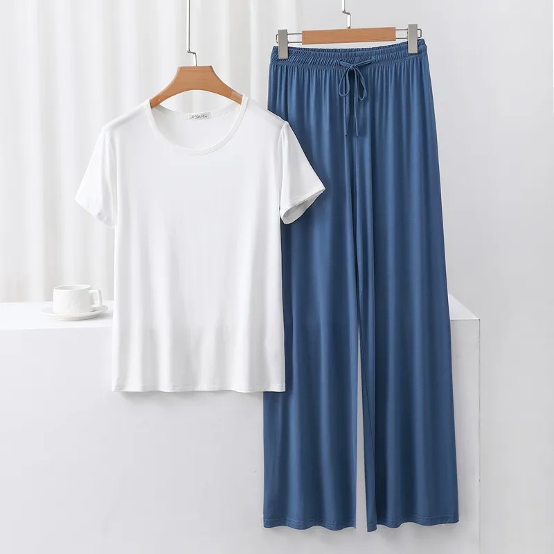 Outer Wearing Round Neck Short-Sleeved T-Shirt Wide Leg Pants Modal Suit Two-Piece Women's Wear Draped Loose Plus Size Home display picture 7