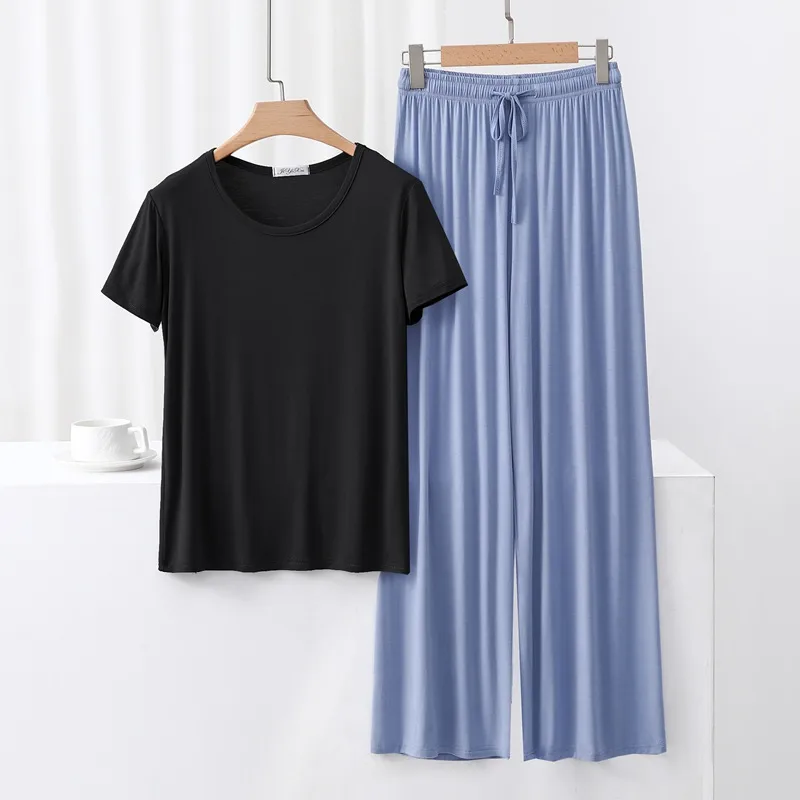 Outer Wearing Round Neck Short-Sleeved T-Shirt Wide Leg Pants Modal Suit Two-Piece Women's Wear Draped Loose Plus Size Home display picture 9