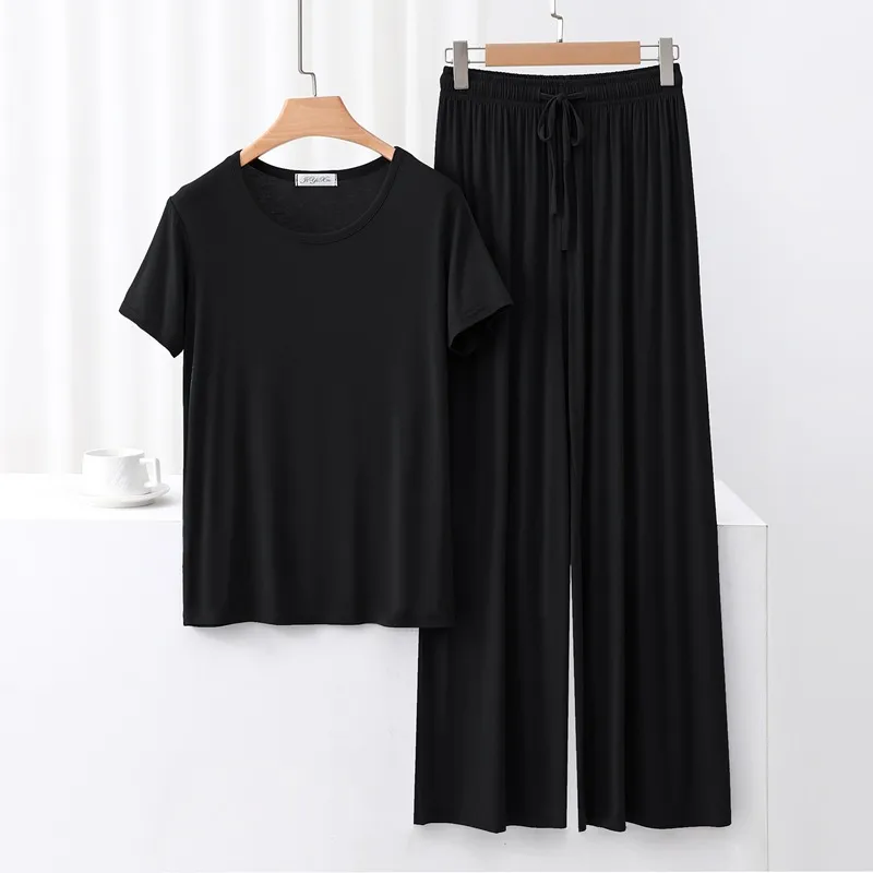 Outer Wearing Round Neck Short-Sleeved T-Shirt Wide Leg Pants Modal Suit Two-Piece Women's Wear Draped Loose Plus Size Home display picture 10