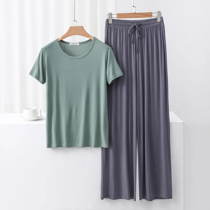 Outer Wearing Round Neck Short-Sleeved T-Shirt Wide Leg Pants Modal Suit Two-Piece Women's Wear Draped Loose Plus Size Home display picture 11