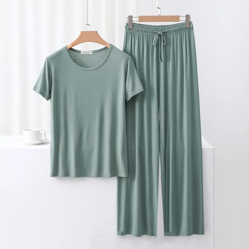 Outer Wearing Round Neck Short-Sleeved T-Shirt Wide Leg Pants Modal Suit Two-Piece Women's Wear Draped Loose Plus Size Home display picture 12