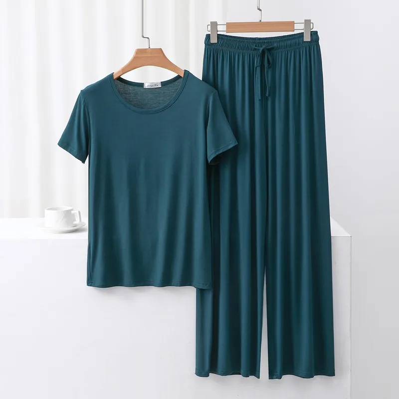 Outer Wearing Round Neck Short-Sleeved T-Shirt Wide Leg Pants Modal Suit Two-Piece Women's Wear Draped Loose Plus Size Home display picture 13