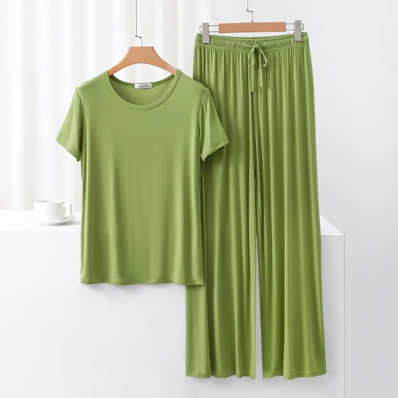 Outer Wearing Round Neck Short-Sleeved T-Shirt Wide Leg Pants Modal Suit Two-Piece Women's Wear Draped Loose Plus Size Home display picture 14
