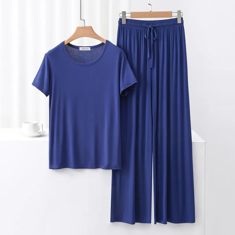 Outer Wearing Round Neck Short-Sleeved T-Shirt Wide Leg Pants Modal Suit Two-Piece Women's Wear Draped Loose Plus Size Home display picture 15