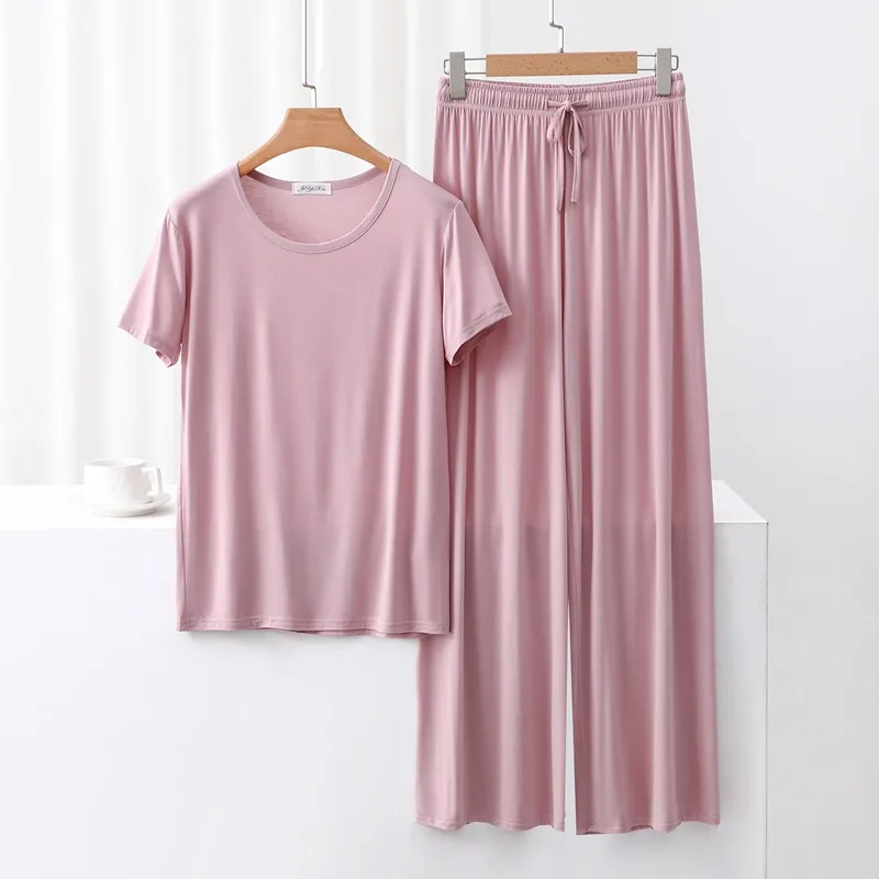 Outer Wearing Round Neck Short-Sleeved T-Shirt Wide Leg Pants Modal Suit Two-Piece Women's Wear Draped Loose Plus Size Home display picture 16