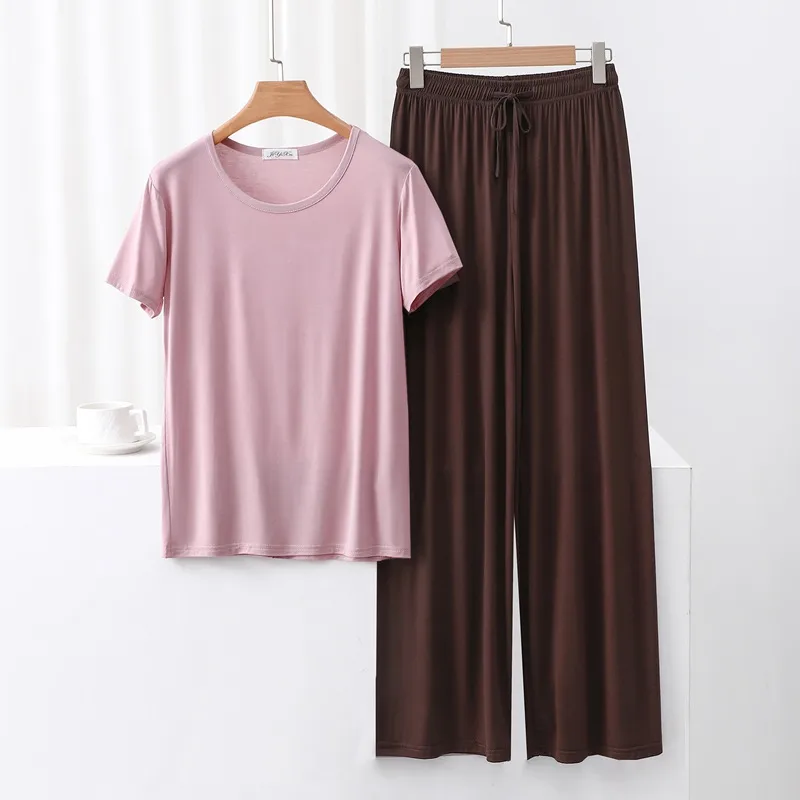 Outer Wearing Round Neck Short-Sleeved T-Shirt Wide Leg Pants Modal Suit Two-Piece Women's Wear Draped Loose Plus Size Home display picture 17