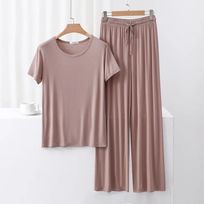 Outer Wearing Round Neck Short-Sleeved T-Shirt Wide Leg Pants Modal Suit Two-Piece Women's Wear Draped Loose Plus Size Home display picture 18