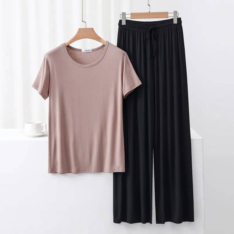 Outer Wearing Round Neck Short-Sleeved T-Shirt Wide Leg Pants Modal Suit Two-Piece Women's Wear Draped Loose Plus Size Home display picture 19